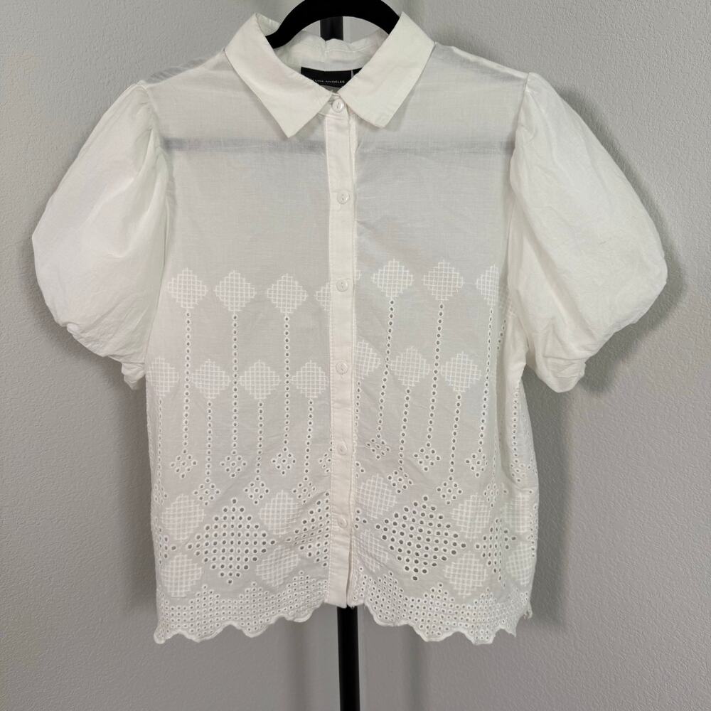 White Eyelet Puff Sleeve Button Down Shirt Cotton Cottagecore size medium